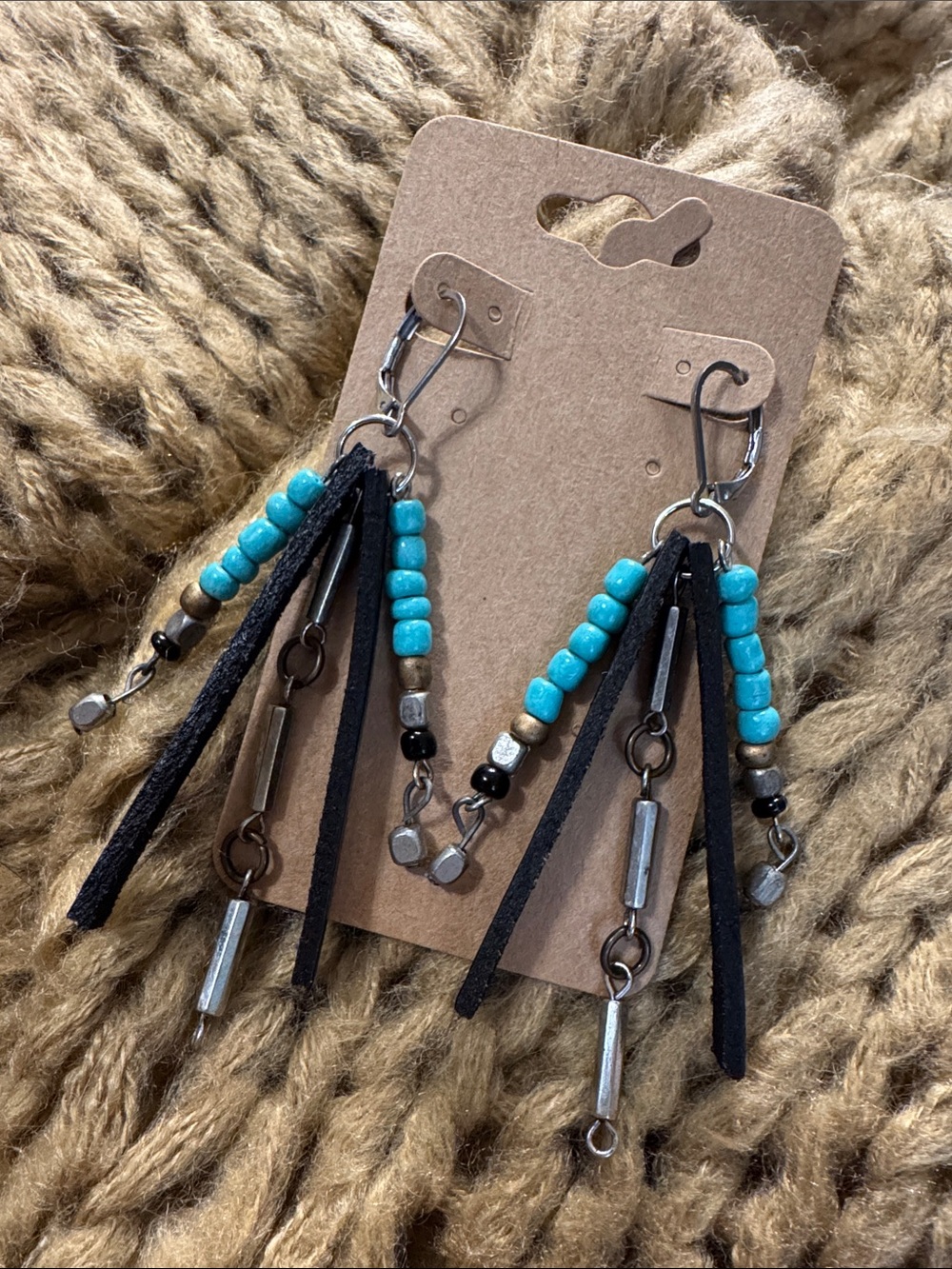 Handmade Turquoise Beaded Genuine Leather Fringe Drop Earrings